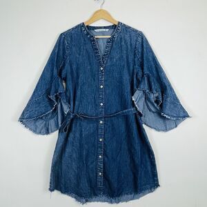 Given Kale Acid Wash Denim Raw Edge Flare Sleeve Belt Shirt Dress Womens Medium